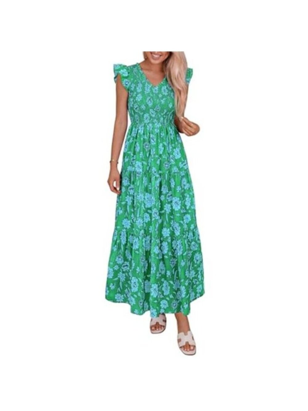 Women's Boho Floral Maxi Dress Summer Smocked V Neck Ruffle Sleeve